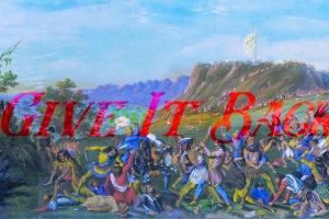 In red italics, "Give It Back" text overlays a painting of stereotypical Native Americans in a forested area.