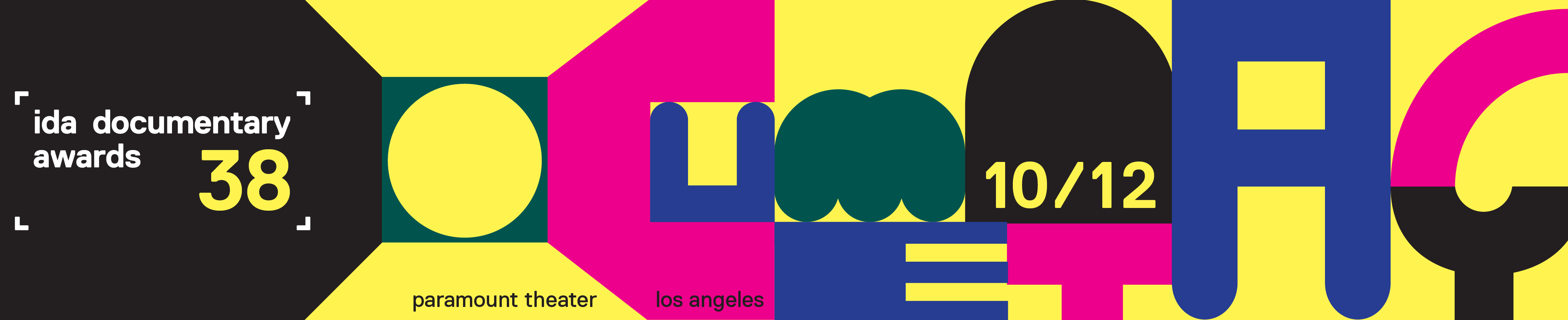 Colorful graphic flyer for the 38th IDA Documentary Awards, December 10, 2022. 