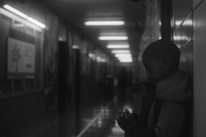 Black and white image of a child, photographed from the side, holding a watch while standing against the wall of a hallway 