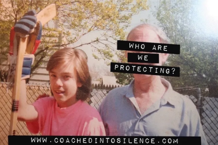 A Caucasian boy is holding a hockey stick and standing next to an elderly man with 'who are we protecting' sign labeled on.