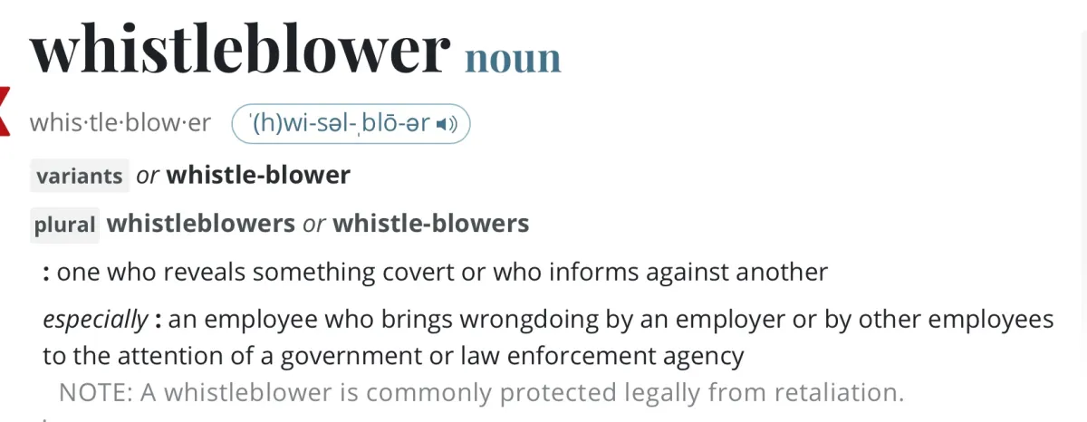 A screenshot of the dictionary definition of the word "whistleblower"